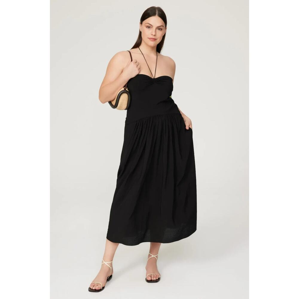 New Vince Dress Womens XL Black Halter Runched Pleats Cotton Crepe Midi
